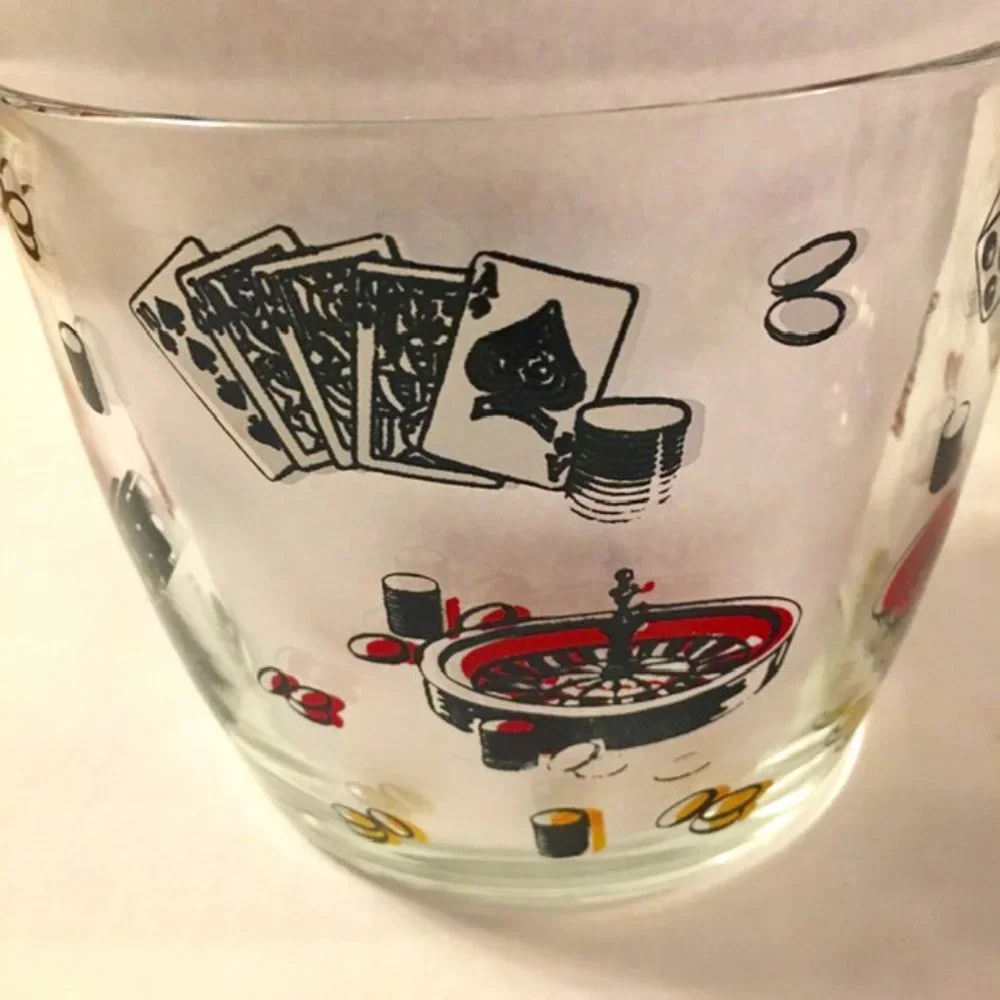 Hazel Atlas Ice Bucket Three Tumblers Set Vintage 1960s Game Night Poker Roulett